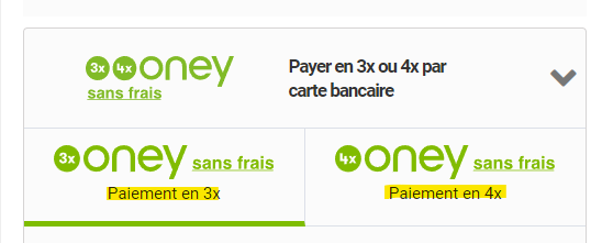 choix du paiement via oney en 3 ou 4 fois